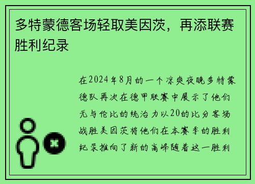 多特蒙德客场轻取美因茨，再添联赛胜利纪录